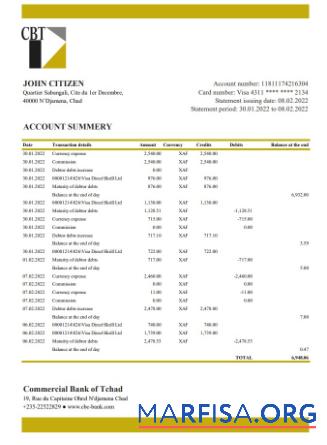 Downloadable Chad Commercial Bank of Tchad bank statement excel example